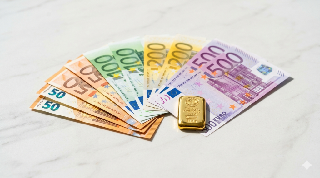  Auf einem hellen Untergrund liegen ein paar aufgefächerte Euro-Scheine, direkt daneben ruht ein glänzender kleiner Goldbarren.