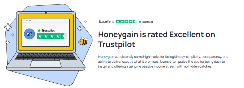Honeygain is rated Excellent on Trustpilot