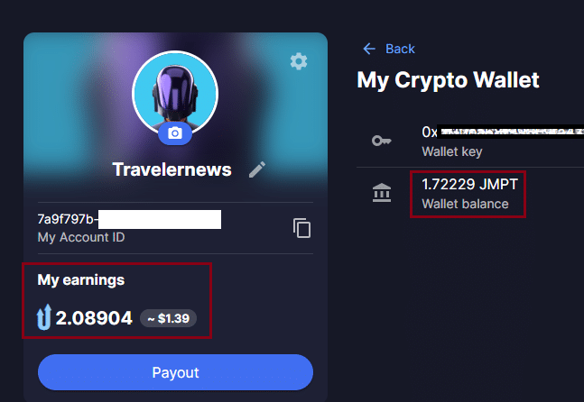 Proof of concept: A payoutready amount of 2.08904 JMPT (~$1.39) and already payed amount 0f 1.72229 JMTP directly to a personal wallet.