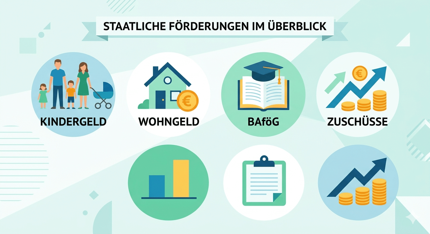 Finanzielle Unterstützung vom Staat – Alle Förderungen und Zuschüsse im Überblick: BAföG, Wohngeld, Kindergeld und mehr.
